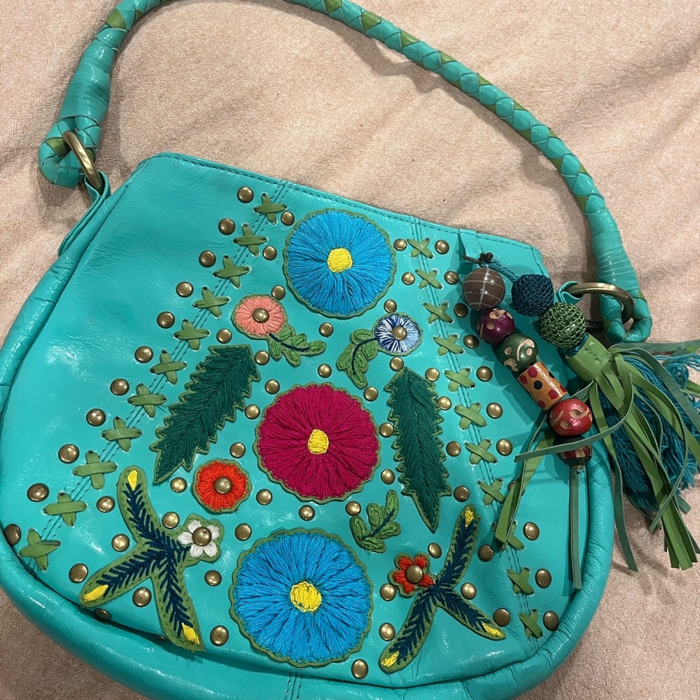 Embroidered Floral Teal Shoulder Bag